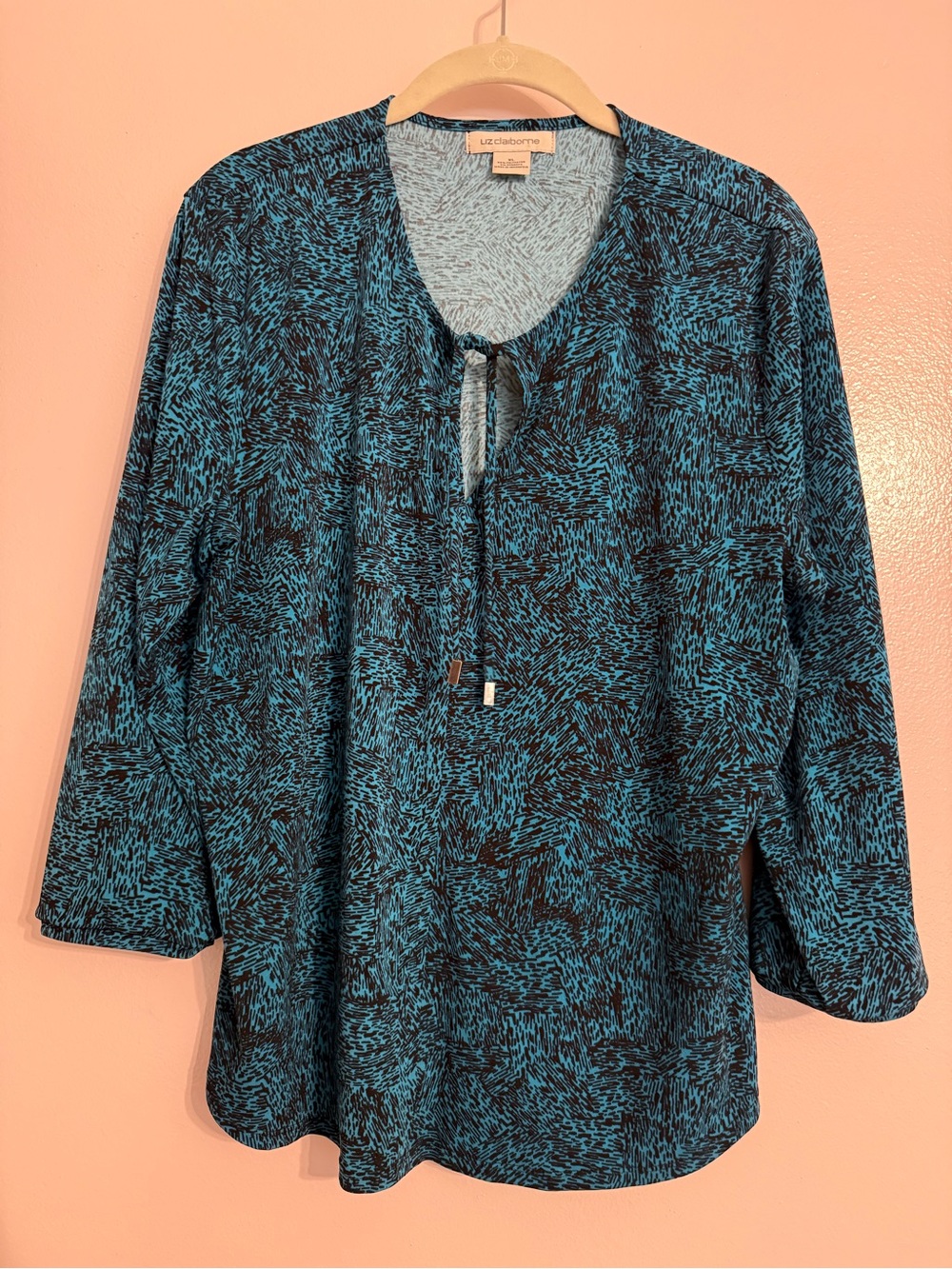 Liz Claiborne Teal & Black Abstract Tie-Neck Tunic